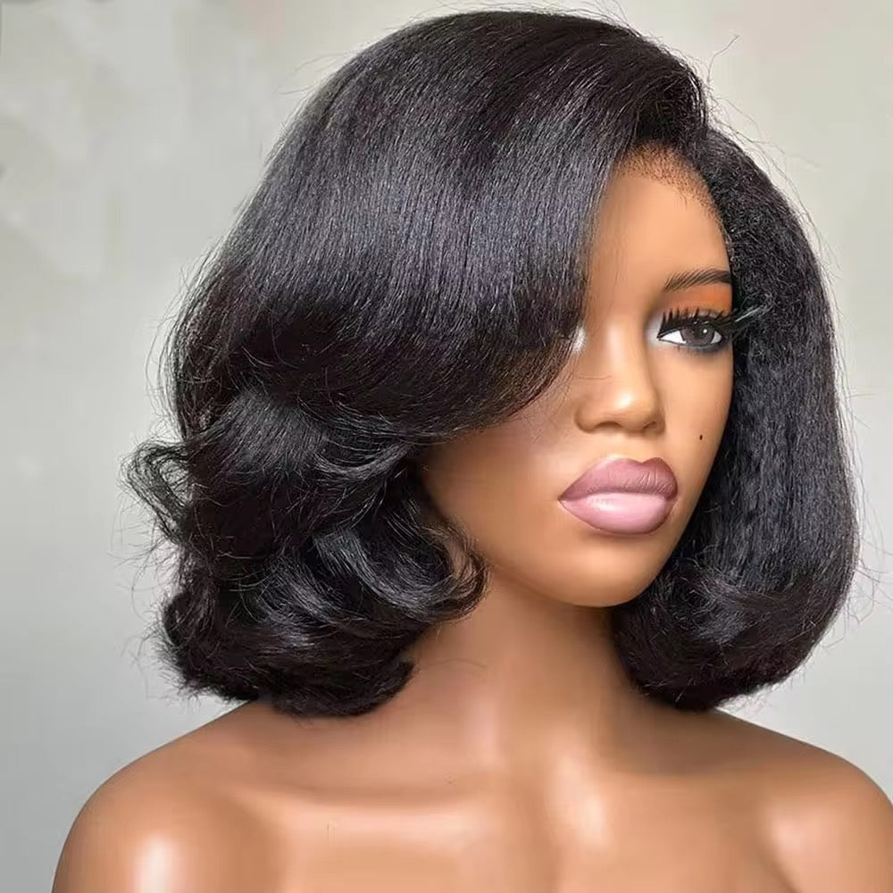 10 Inch Lacefront  Kinky Straight Human Hair Bob wig.